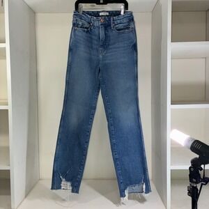 Good American High Rise Straight Leg Jeans Distressed Raw Hem Medium Wash